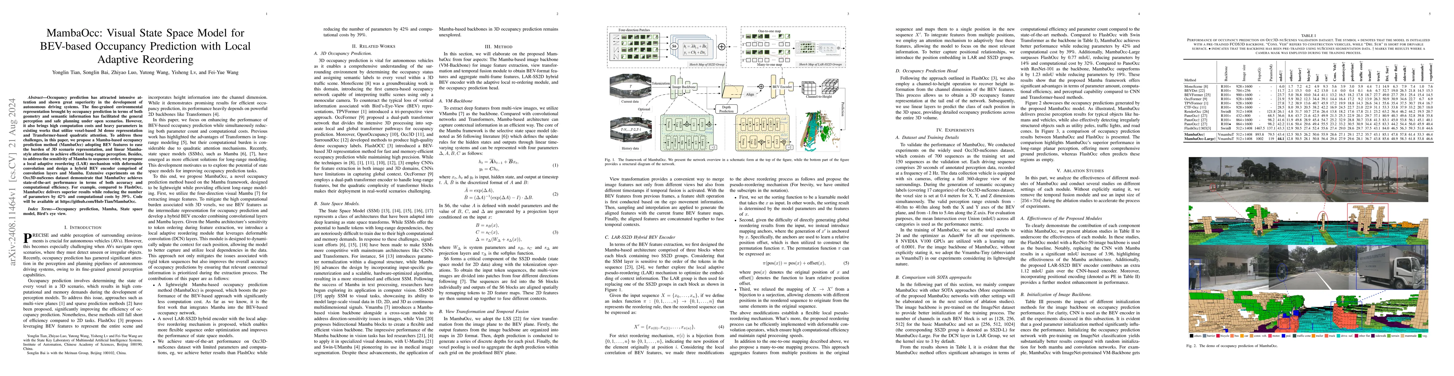 Thumbnail for MambaOcc: Visual State Space Model for BEV-based Occupancy Prediction
  with Local Adaptive Reordering