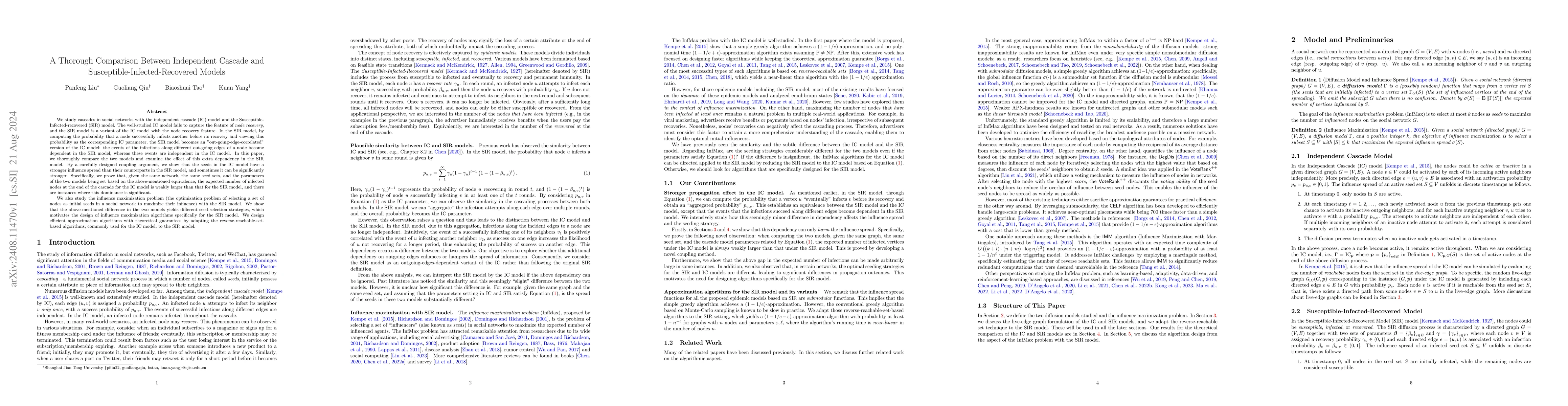 Thumbnail for A Thorough Comparison Between Independent Cascade and
  Susceptible-Infected-Recovered Models