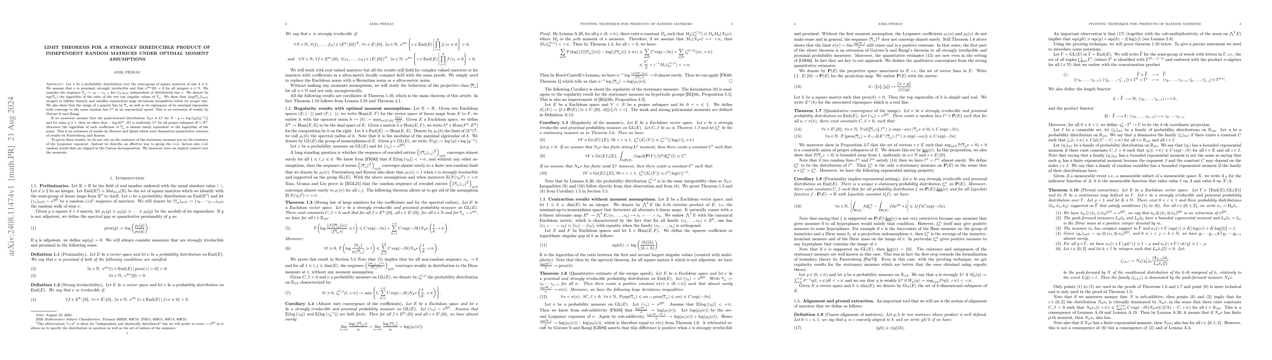 Thumbnail for Limit theorems for a strongly irreducible product of independent random
  matrices under optimal moment assumptions