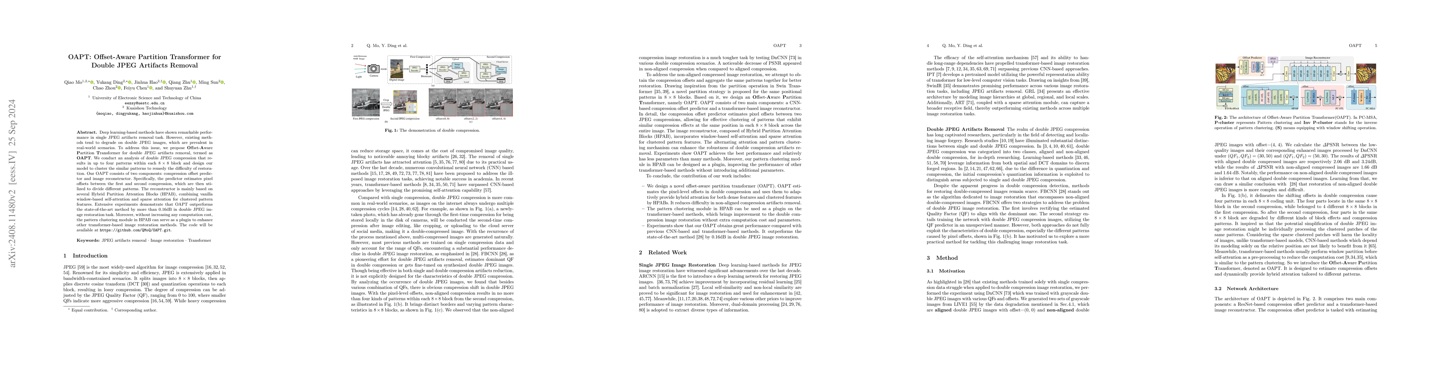 Thumbnail for OAPT: Offset-Aware Partition Transformer for Double JPEG Artifacts
  Removal