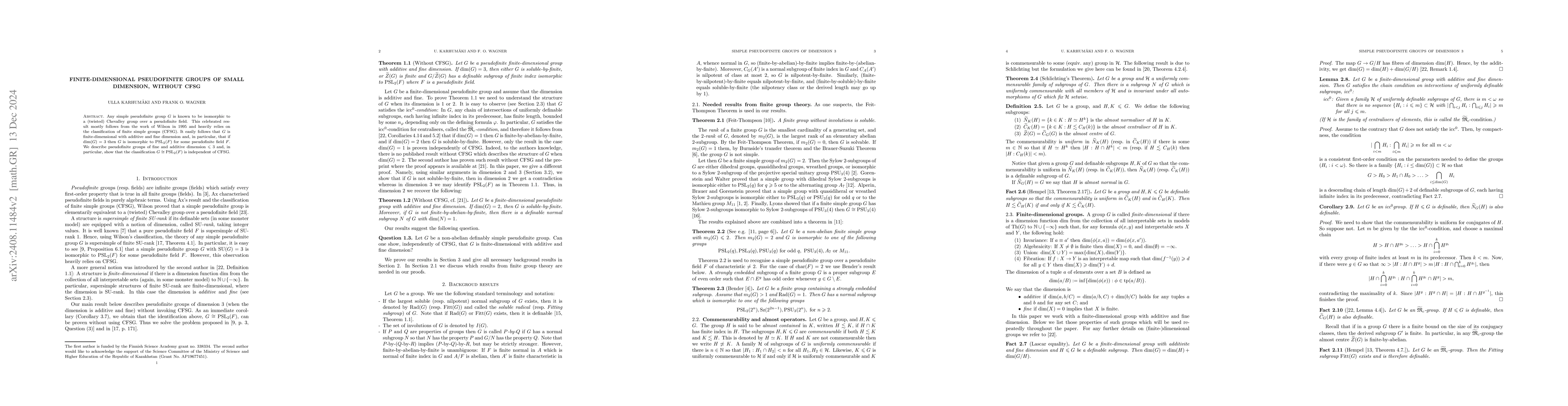 Thumbnail for Finite-dimensional pseudofinite groups of small dimension, without CFSG