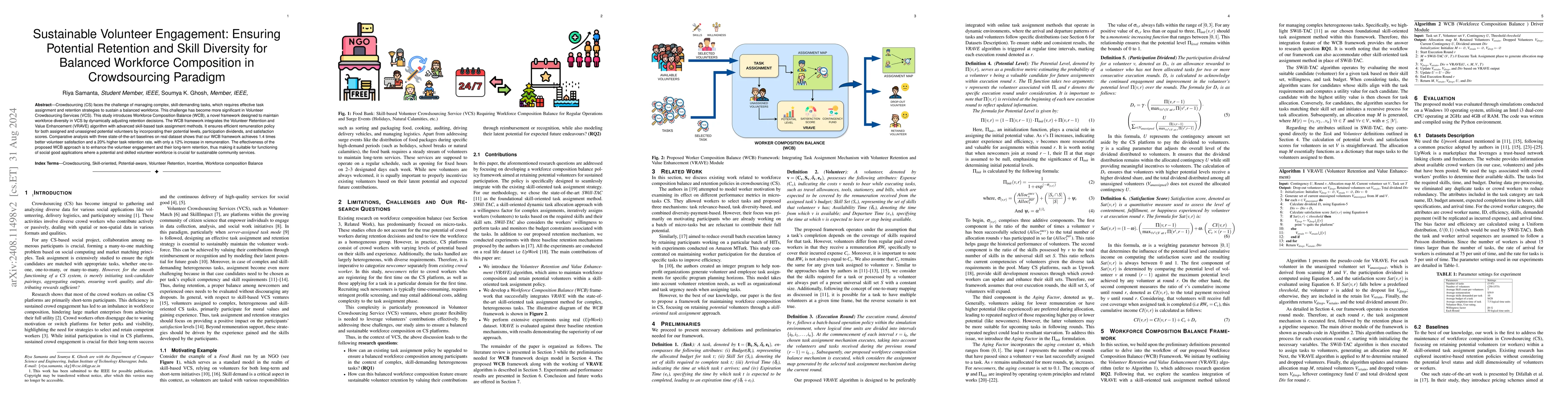 Thumbnail for Sustainable Volunteer Engagement: Ensuring Potential Retention and Skill
  Diversity for Balanced Workforce Composition in Crowdsourcing Paradigm
