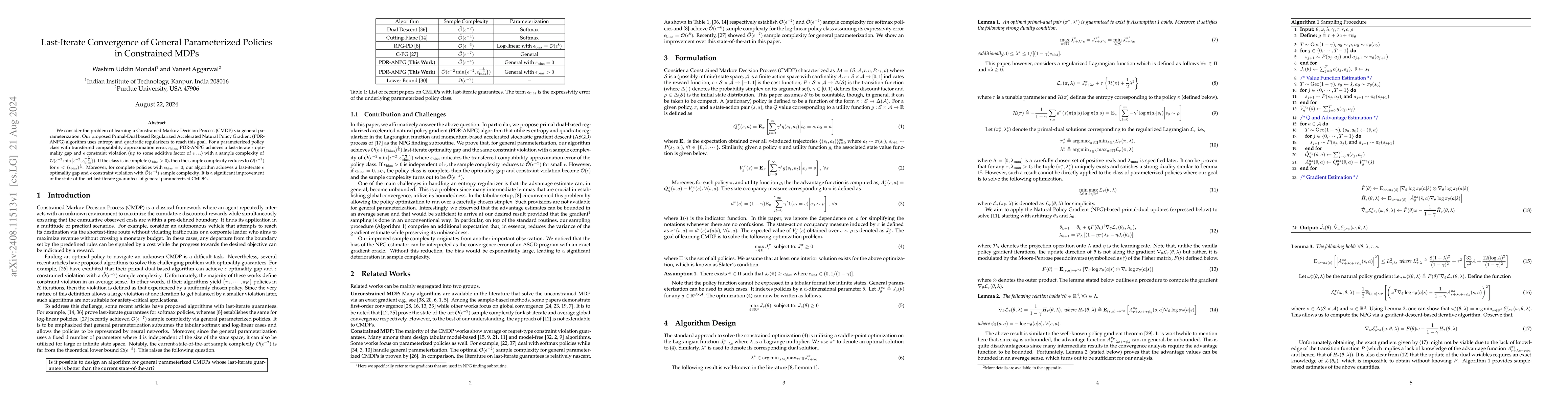 Thumbnail for Last-Iterate Convergence of General Parameterized Policies in
  Constrained MDPs