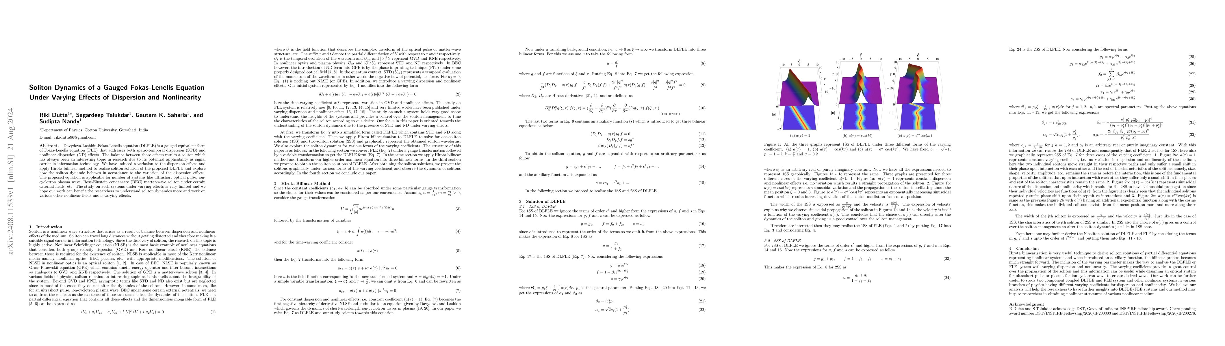 Thumbnail for Soliton Dynamics of a Gauged Fokas-Lenells Equation Under Varying
  Effects of Dispersion and Nonlinearity