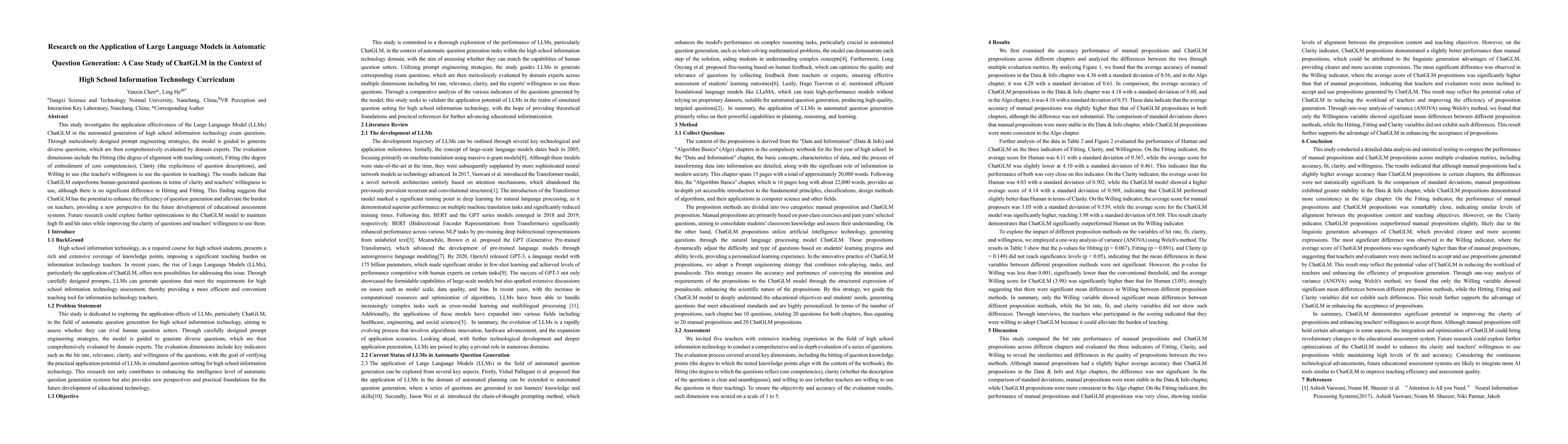 Thumbnail for Research on the Application of Large Language Models in Automatic
  Question Generation: A Case Study of ChatGLM in the Context of High School
  Information Technology Curriculum
