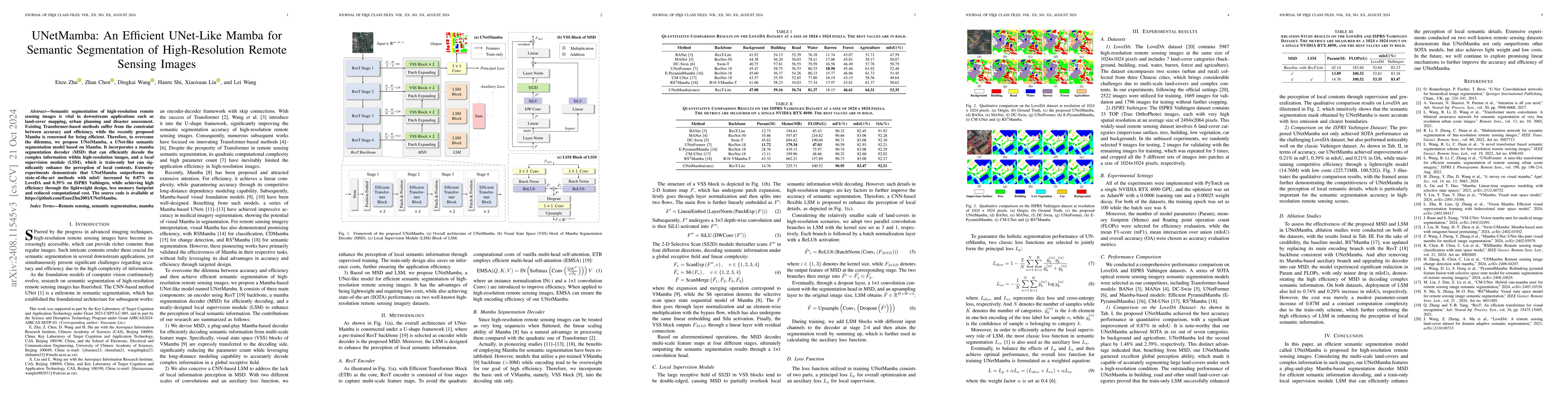 Thumbnail for UNetMamba: Efficient UNet-Like Mamba for Semantic Segmentation of
  High-Resolution Remote Sensing Images