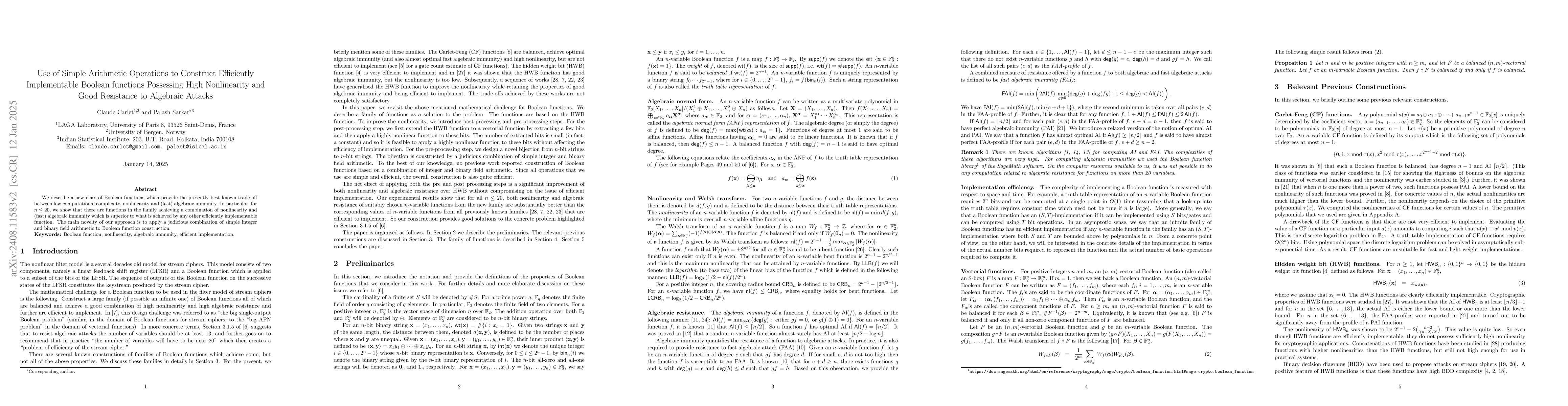 Thumbnail for Constructions of Efficiently Implementable Boolean functions Possessing
  High Nonlinearity and Good Resistance to Algebraic Attacks