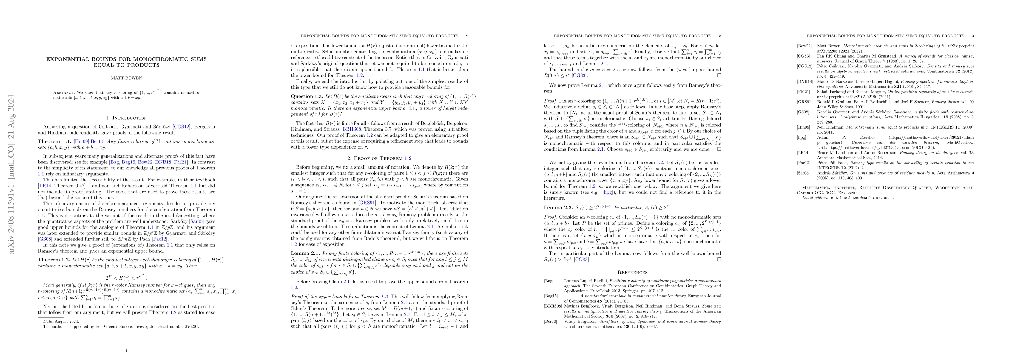 Thumbnail for Exponential bounds for monochromatic sums equal to products