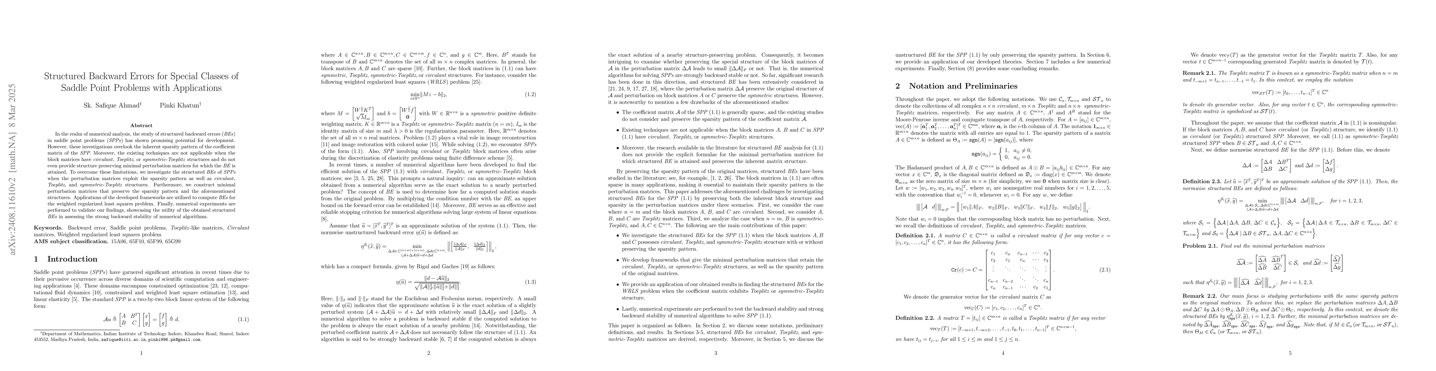 Thumbnail for Structured Backward Errors for Special Classes of Saddle Point Problems
  with Applications