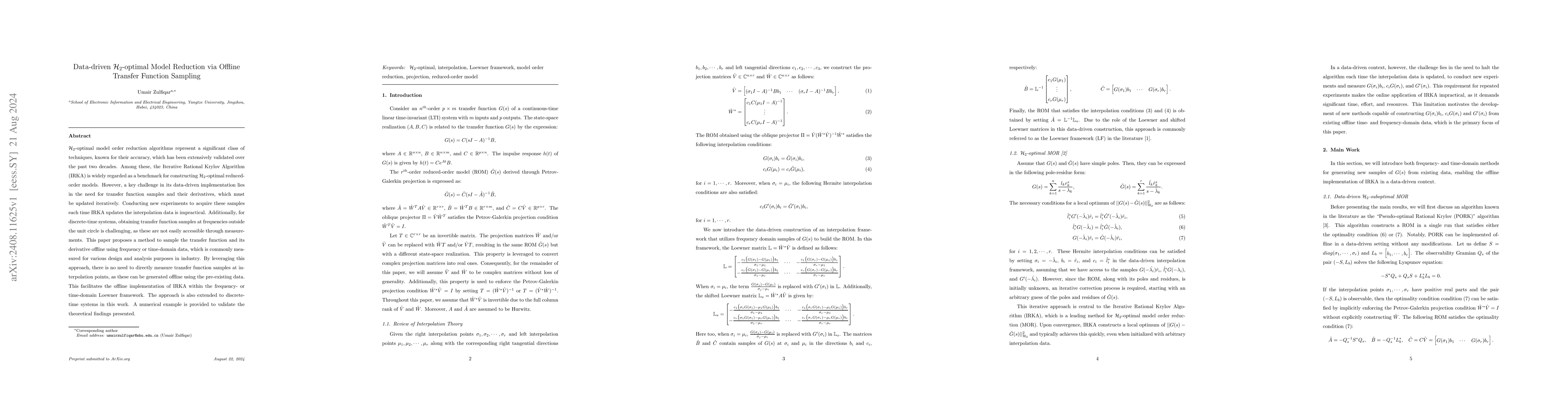 Thumbnail for Data-driven H2-optimal Model Reduction via Offline Transfer Function
  Sampling