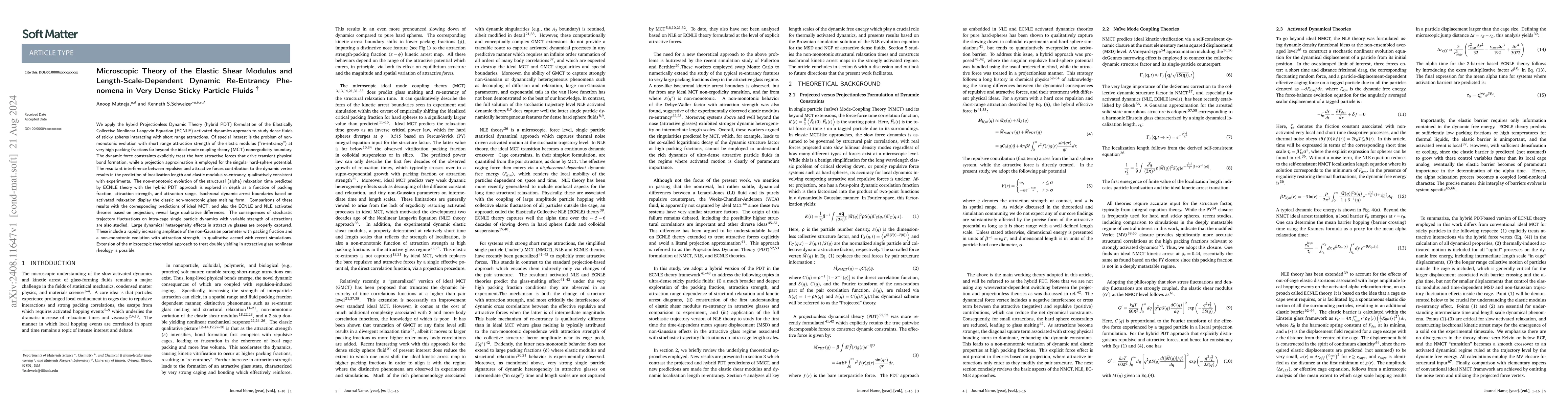 Thumbnail for Microscopic Theory of the Elastic Shear Modulus and
  Length-Scale-Dependent Dynamic Re-Entrancy Phenomena in Very Dense Sticky
  Particle Fluids
