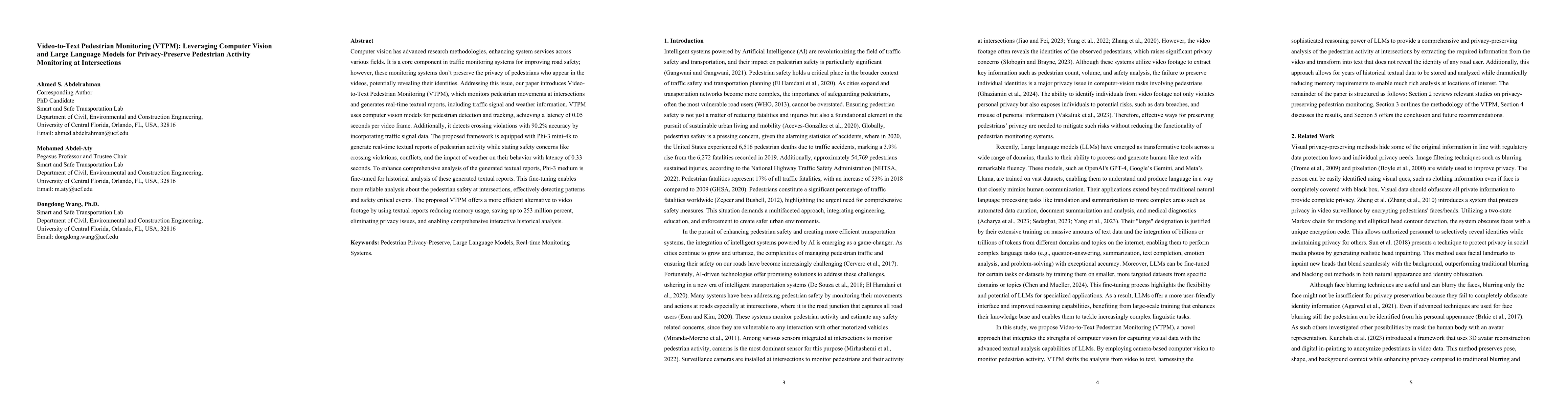 Thumbnail for Video-to-Text Pedestrian Monitoring (VTPM): Leveraging Computer Vision
  and Large Language Models for Privacy-Preserve Pedestrian Activity Monitoring
  at Intersections