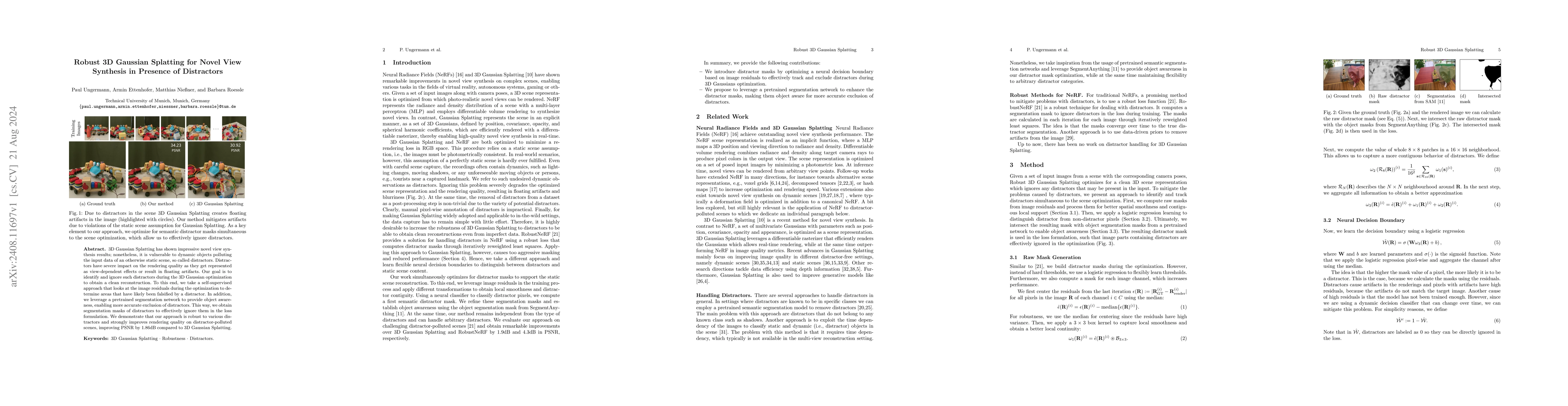 Thumbnail for Robust 3D Gaussian Splatting for Novel View Synthesis in Presence of
  Distractors