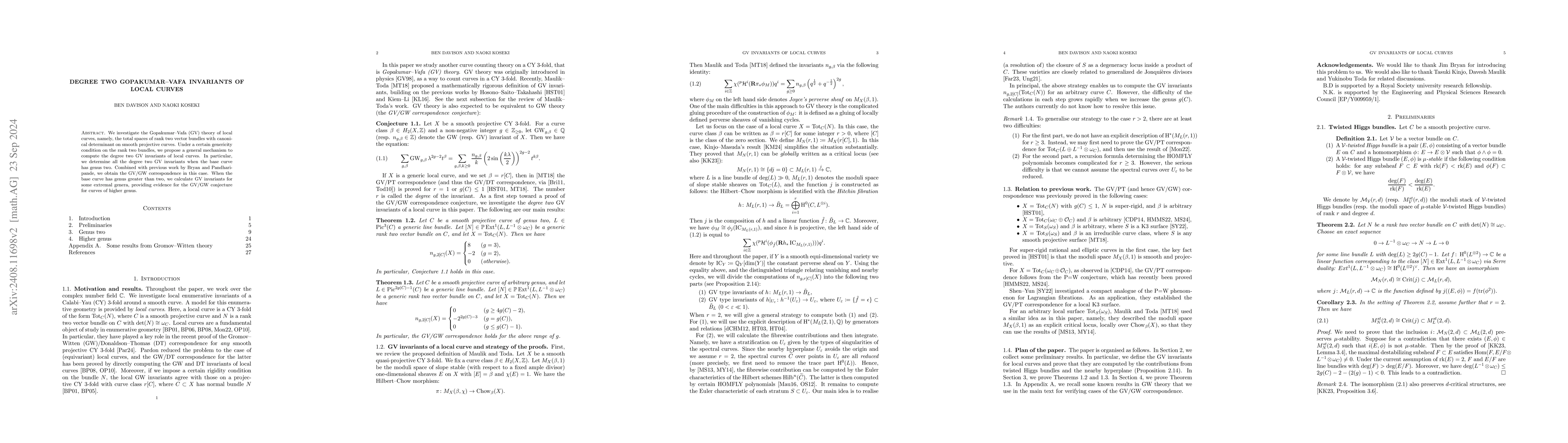 Thumbnail for Degree two Gopakumar-Vafa invariants of local curves