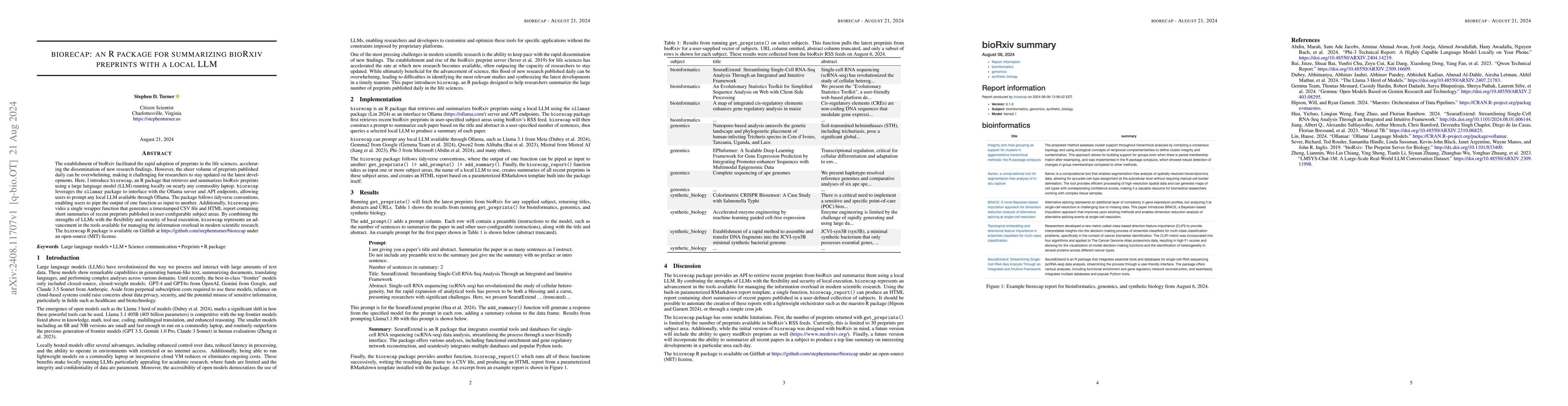 Thumbnail for biorecap: an R package for summarizing bioRxiv preprints with a local
  LLM