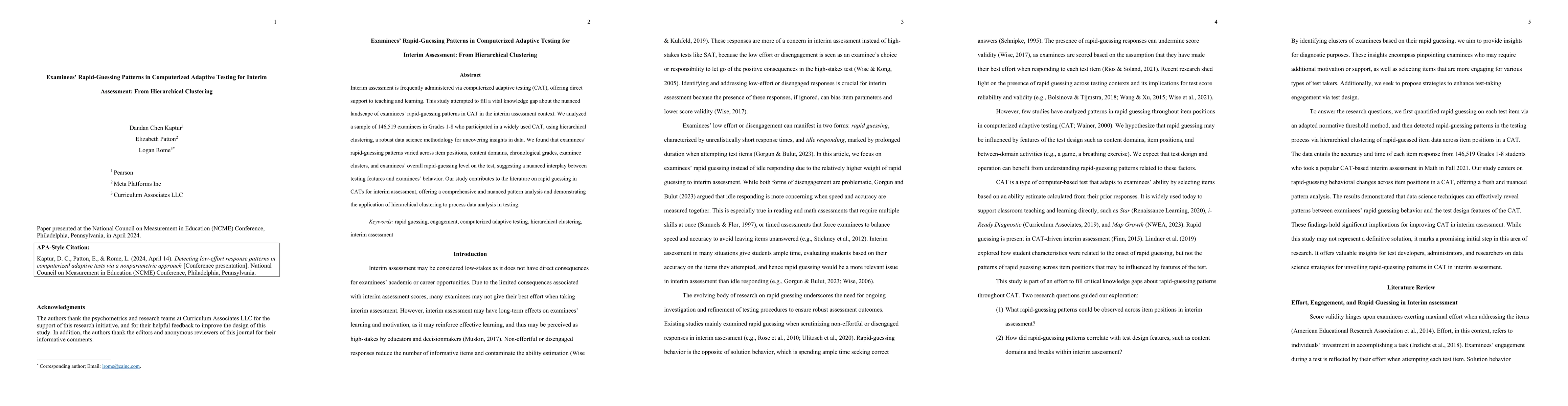 Thumbnail for Examinees' Rapid-Guessing Patterns in Computerized Adaptive Testing for
  Interim Assessment: From Hierarchical Clustering