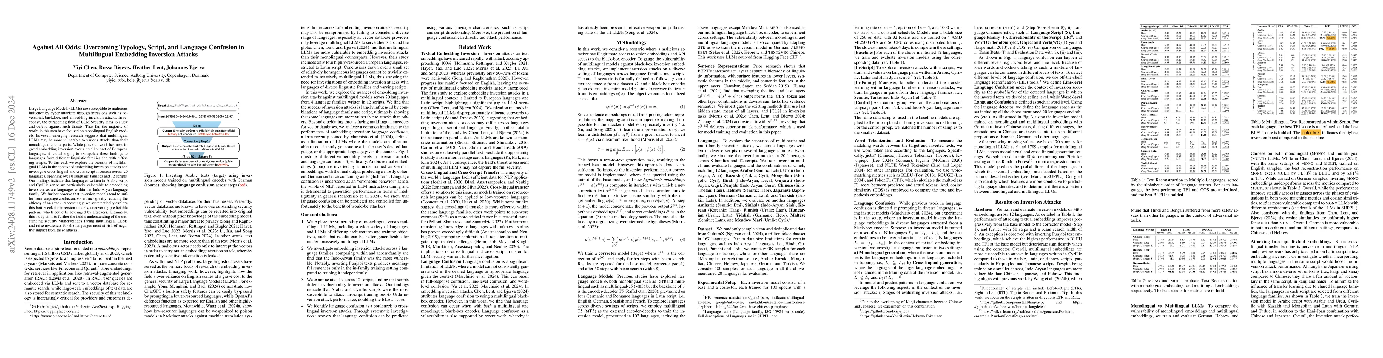Thumbnail for Against All Odds: Overcoming Typology, Script, and Language Confusion in
  Multilingual Embedding Inversion Attacks