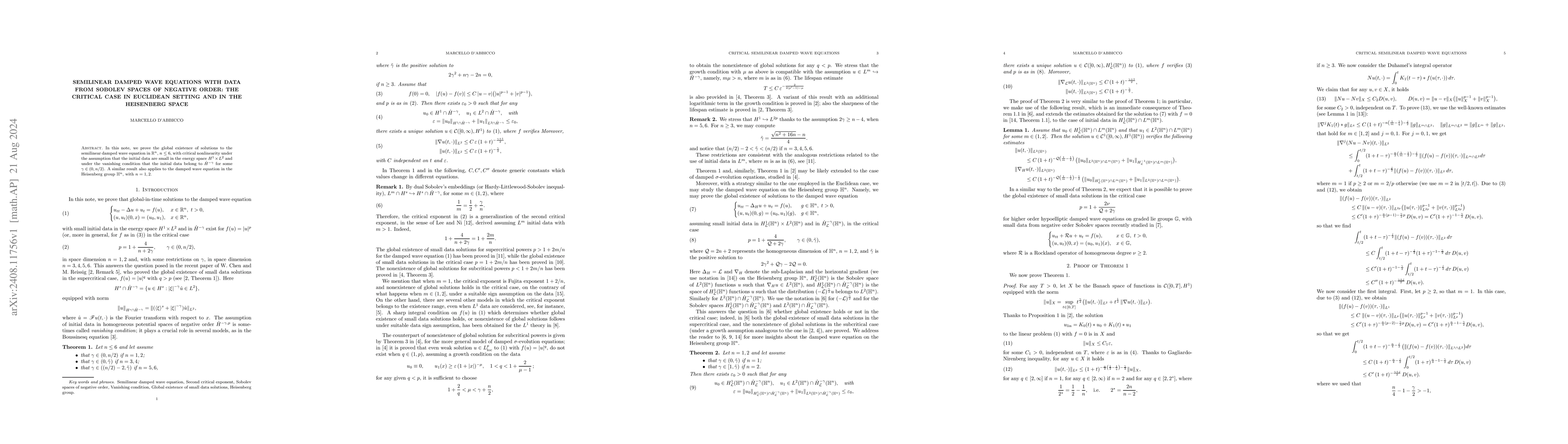 Thumbnail for Semilinear damped wave equations with data from Sobolev spaces of
  negative order: the critical case in Euclidean setting and in the Heisenberg
  space