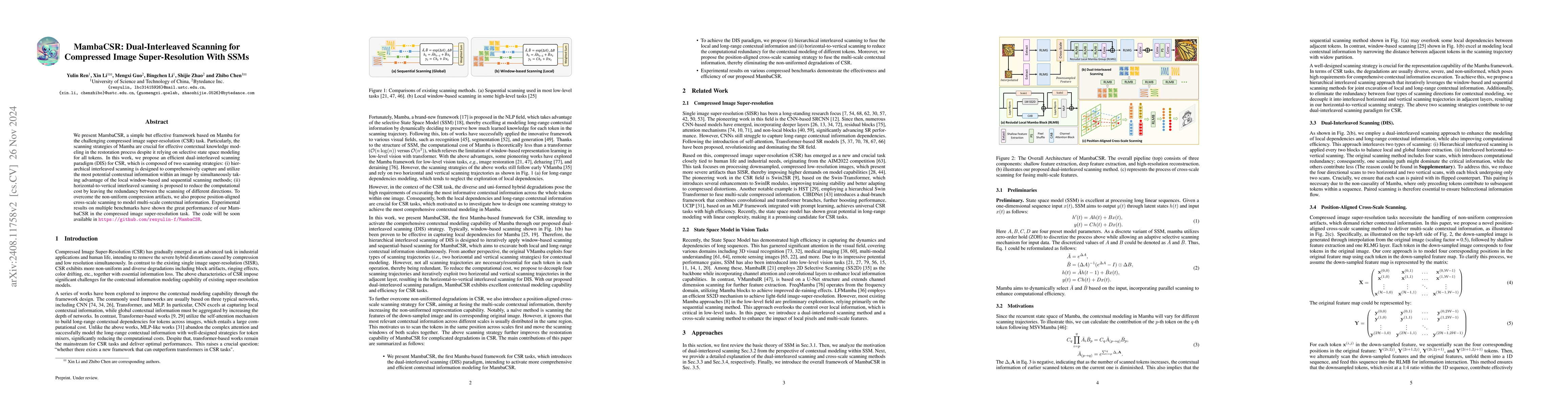 Thumbnail for MambaCSR: Dual-Interleaved Scanning for Compressed Image
  Super-Resolution With SSMs