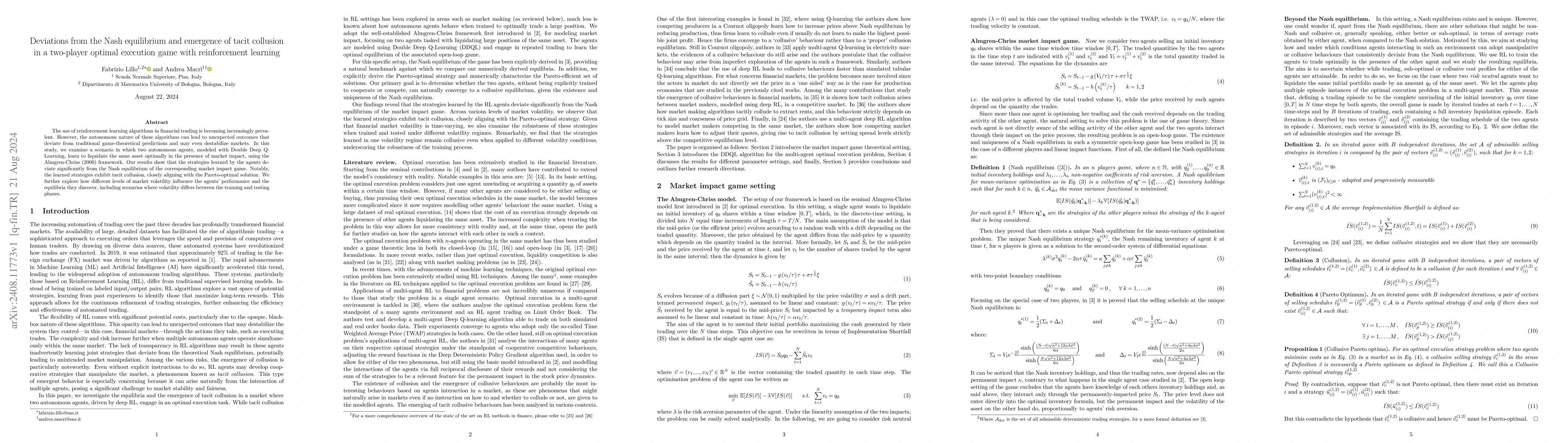 Thumbnail for Deviations from the Nash equilibrium and emergence of tacit collusion in
  a two-player optimal execution game with reinforcement learning