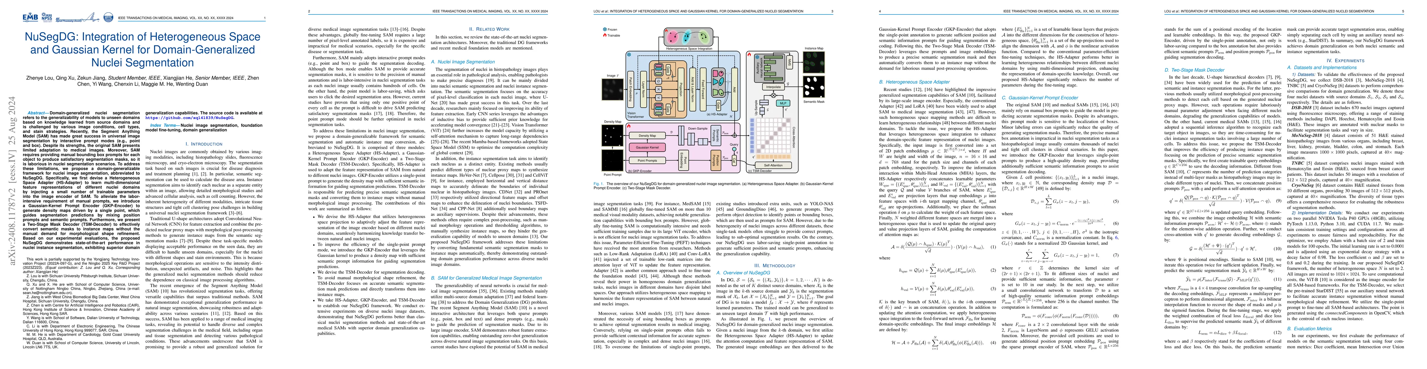 Thumbnail for NuSegDG: Integration of Heterogeneous Space and Gaussian Kernel for
  Domain-Generalized Nuclei Segmentation