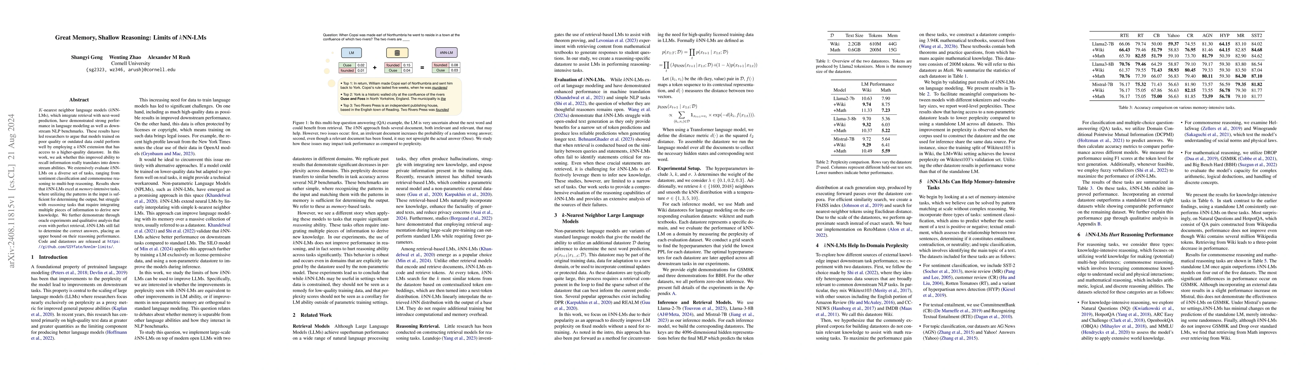 Thumbnail for Great Memory, Shallow Reasoning: Limits of $k$NN-LMs
