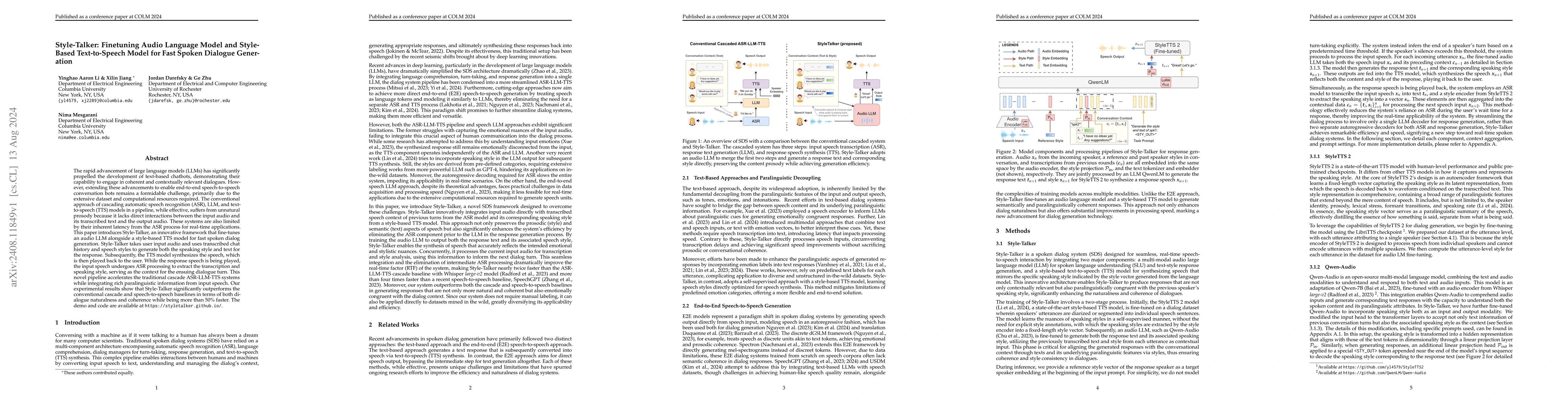 Thumbnail for Style-Talker: Finetuning Audio Language Model and Style-Based
  Text-to-Speech Model for Fast Spoken Dialogue Generation