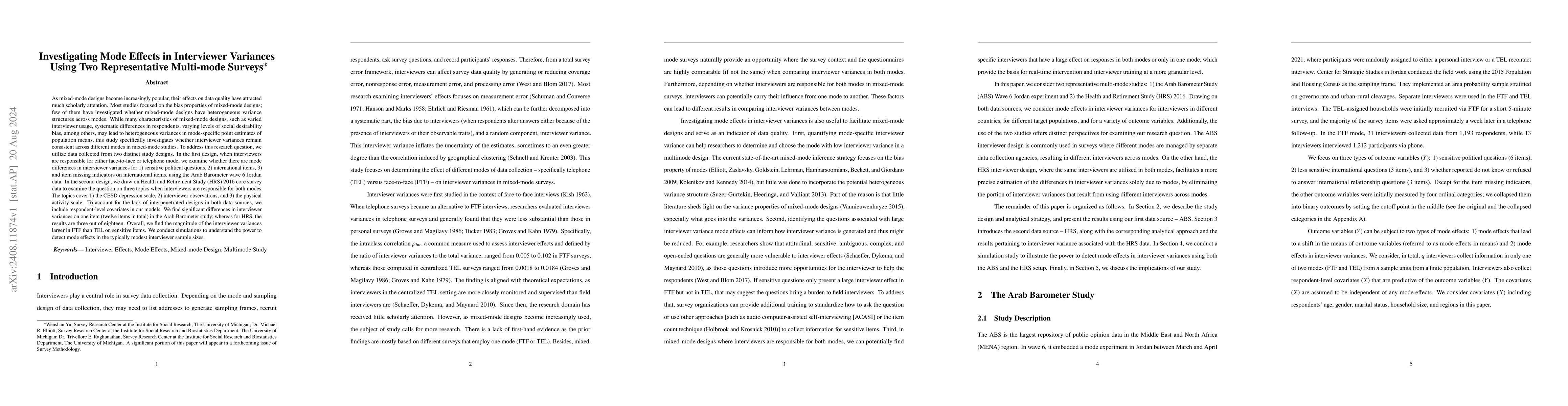 Thumbnail for Investigating Mode Effects in Interviewer Variances Using Two
  Representative Multi-mode Surveys