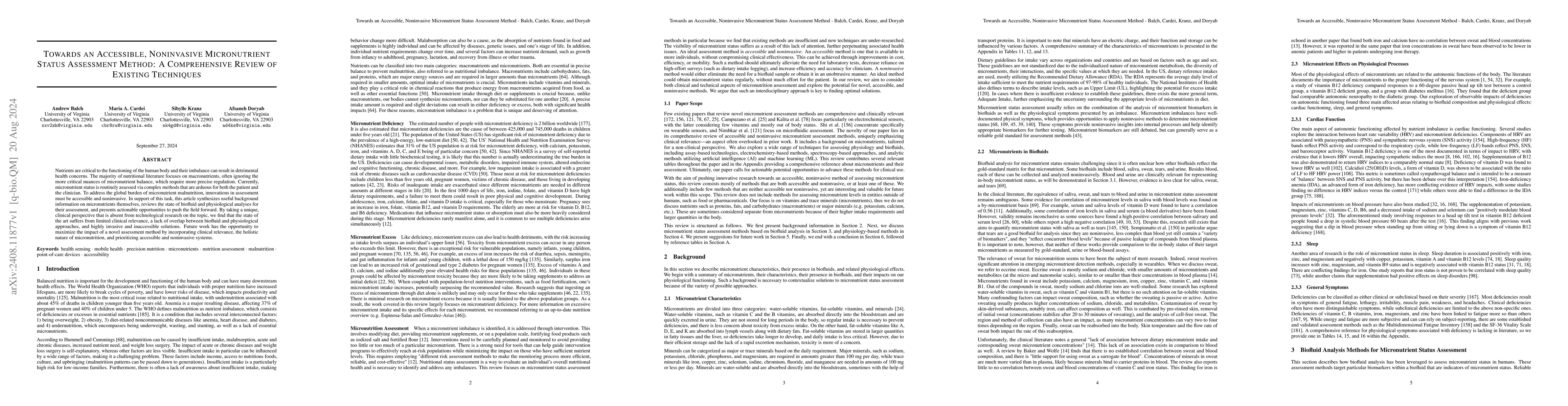 Thumbnail for Towards an Accessible, Noninvasive Micronutrient Status Assessment
  Method: A Comprehensive Review of Existing Techniques