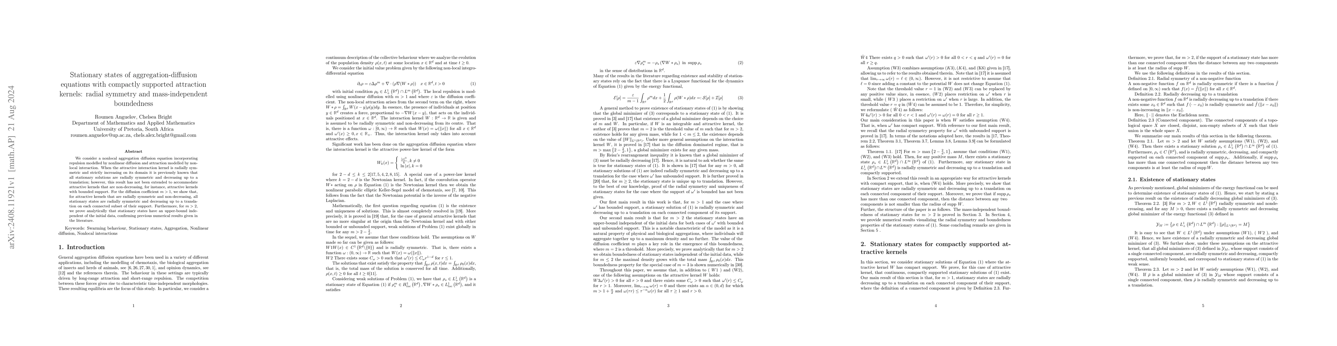 Thumbnail for Stationary states of aggregation-diffusion equations with compactly
  supported attraction kernels: radial symmetry and mass-independent
  boundedness