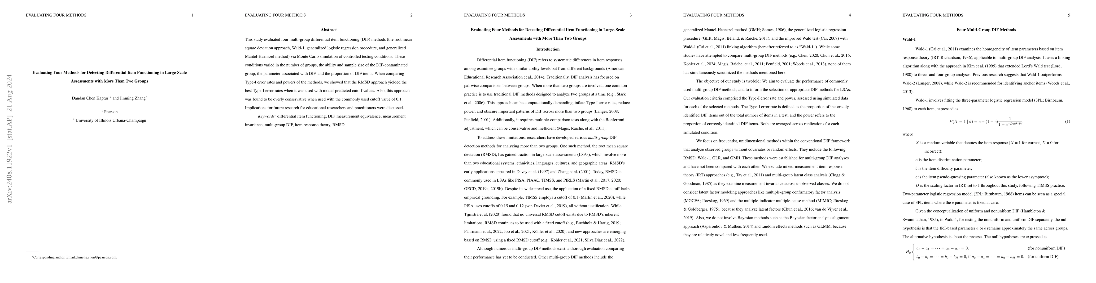 Thumbnail for Evaluating Four Methods for Detecting Differential Item Functioning in
  Large-Scale Assessments with More Than Two Groups