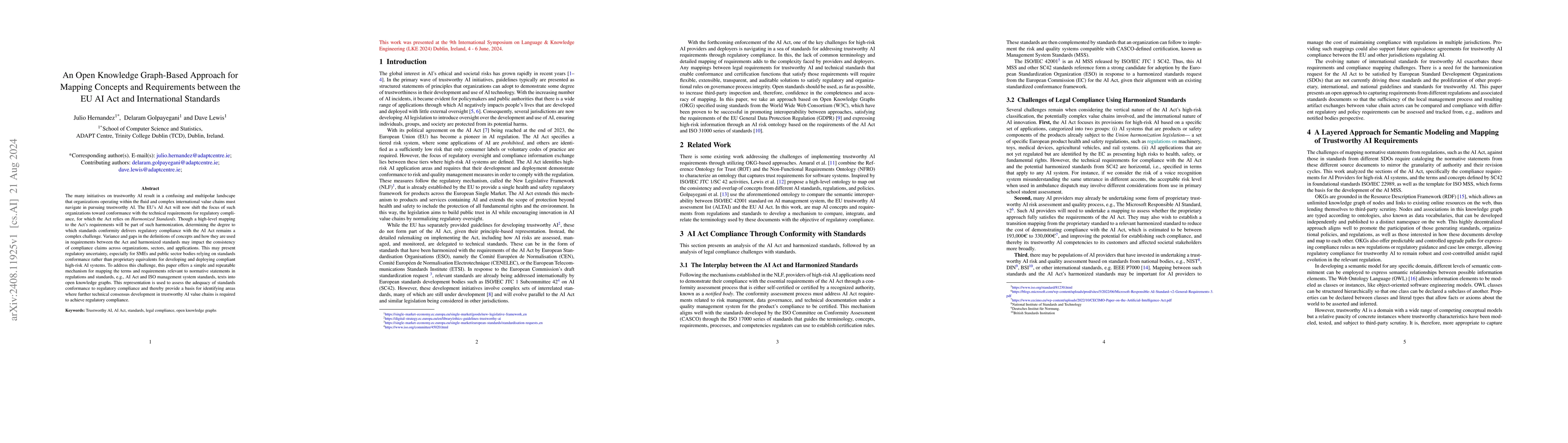 Thumbnail for An Open Knowledge Graph-Based Approach for Mapping Concepts and
  Requirements between the EU AI Act and International Standards