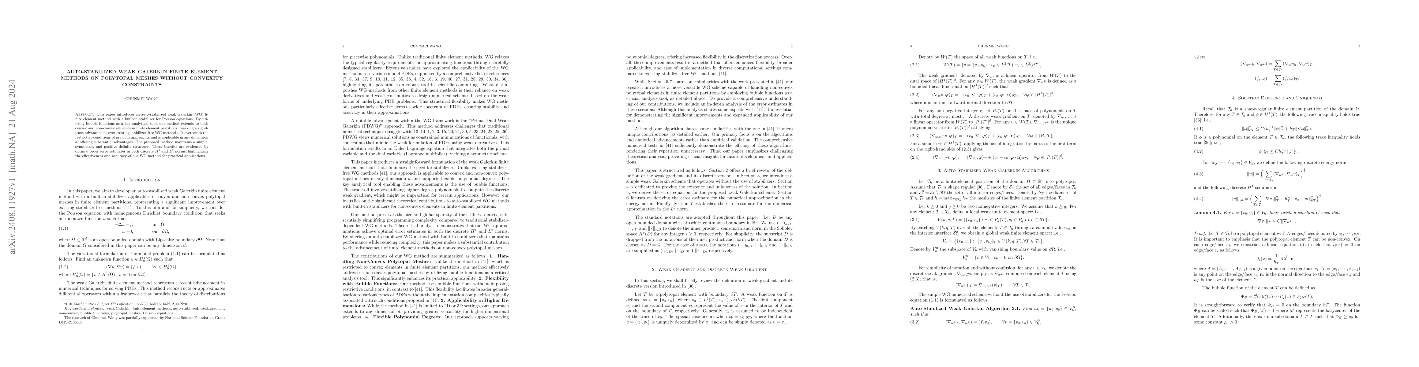 Thumbnail for Auto-Stabilized Weak Galerkin Finite Element Methods on Polytopal Meshes
  without Convexity Constraints