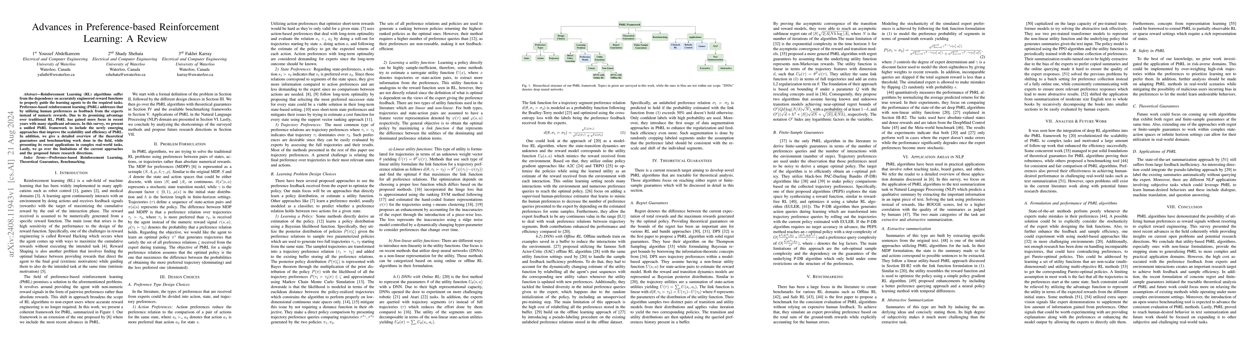 Thumbnail for Advances in Preference-based Reinforcement Learning: A Review