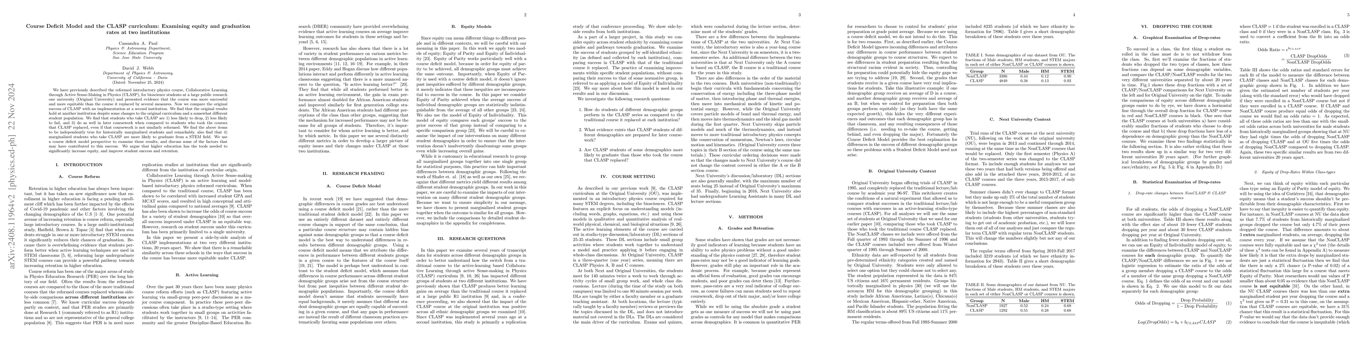 Thumbnail for Course Deficit Model and the CLASP curriculum: Examining equity and
  graduation rates at two institutions