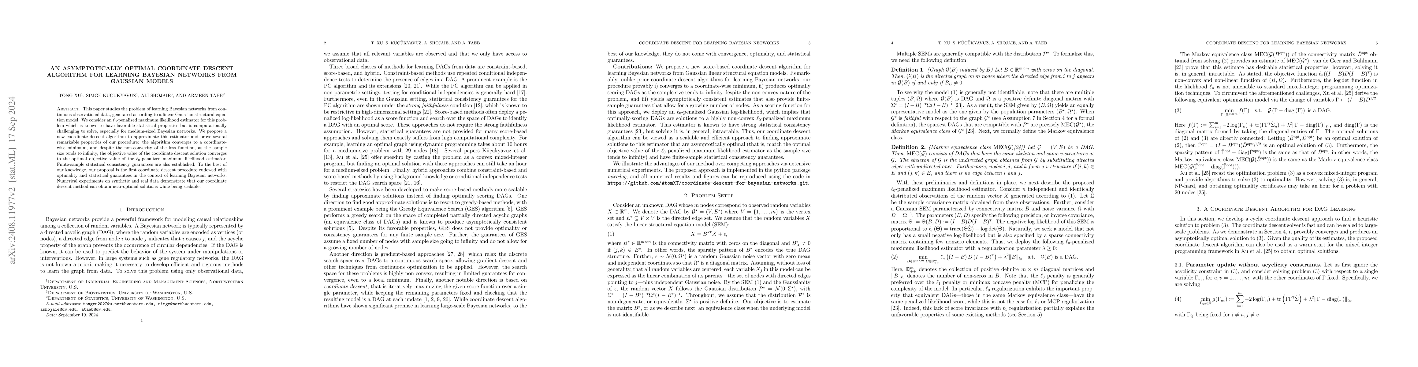 Thumbnail for An Asymptotically Optimal Coordinate Descent Algorithm for Learning
  Bayesian Networks from Gaussian Models