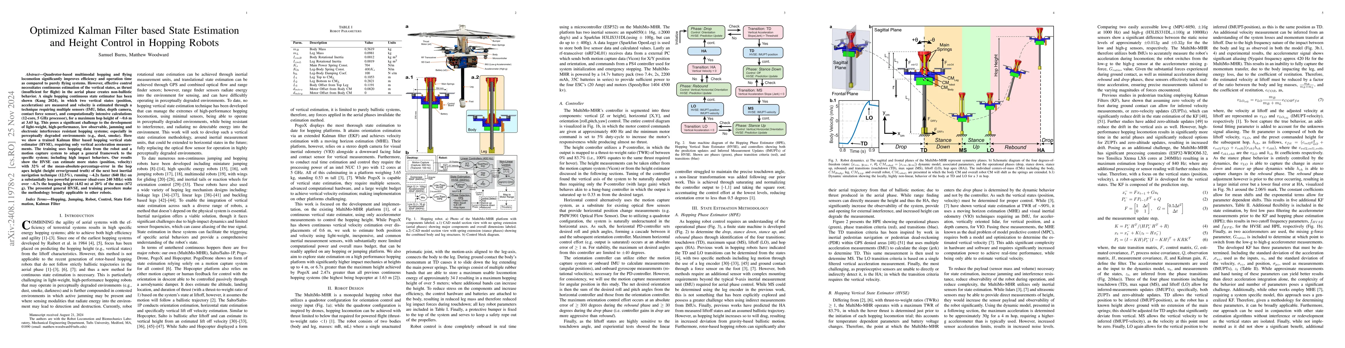 Thumbnail for Optimized Kalman Filter based State Estimation and Height Control in
  Hopping Robots
