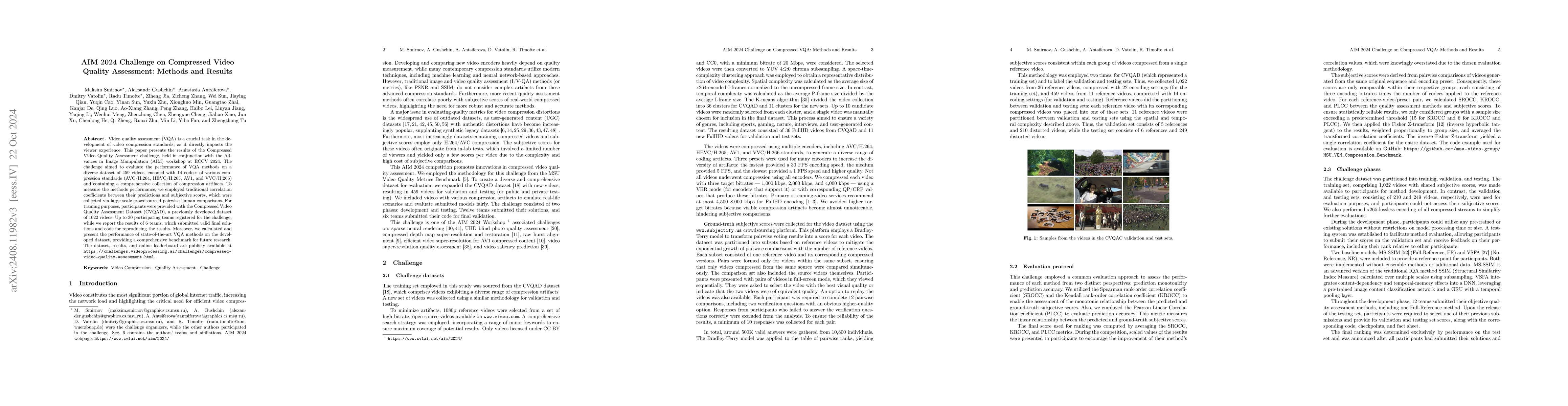 Thumbnail for AIM 2024 Challenge on Compressed Video Quality Assessment: Methods and
  Results