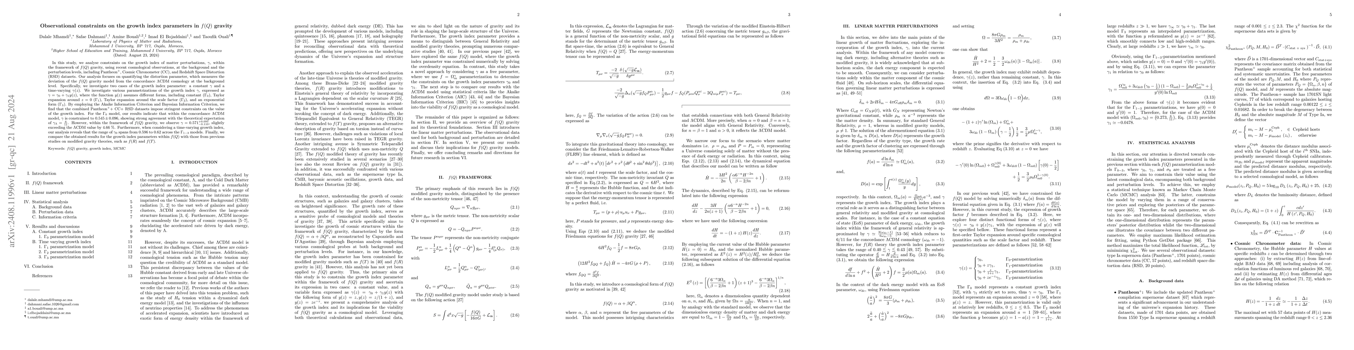 Thumbnail for Observational constraints on the growth index parameters in $f(Q)$
  gravity
