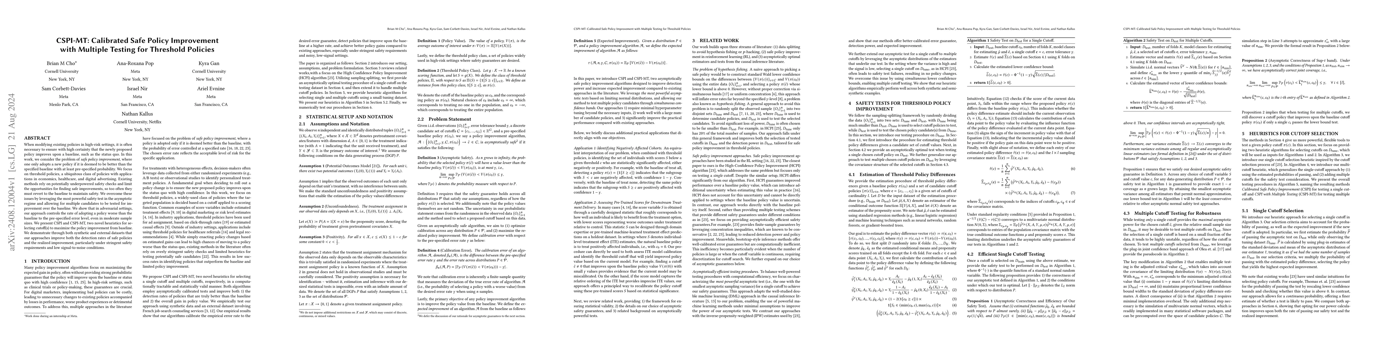 Thumbnail for CSPI-MT: Calibrated Safe Policy Improvement with Multiple Testing for
  Threshold Policies