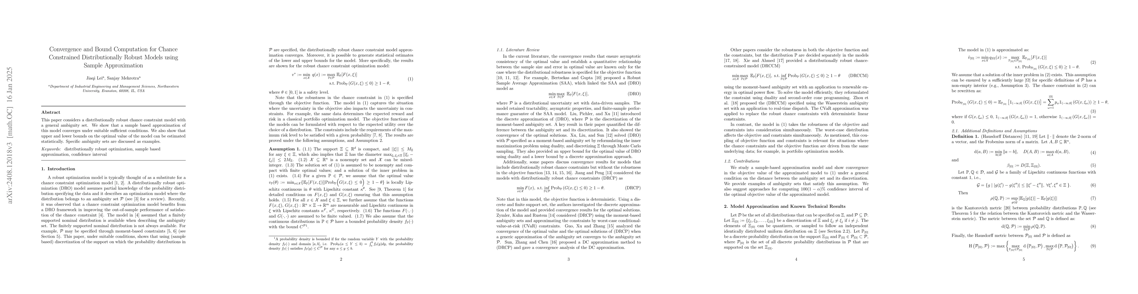 Thumbnail for Convergence and Bound Computation for Chance Constrained
  Distributionally Robust Models using Sample Approximation