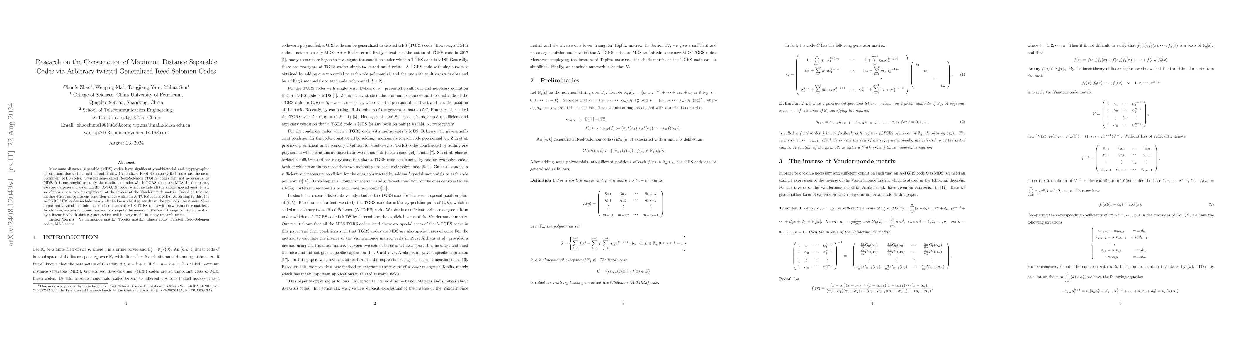 Thumbnail for Research on the Construction of Maximum Distance Separable Codes via
  Arbitrary twisted Generalized Reed-Solomon Codes