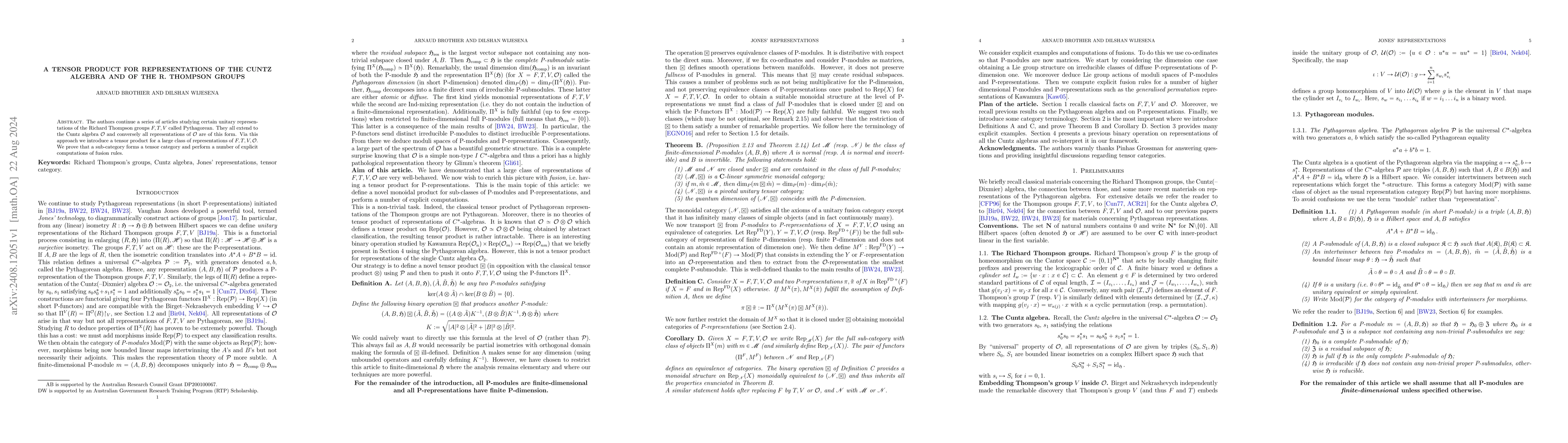 Thumbnail for A tensor product for representations of the Cuntz algebra and of the R.
  Thompson groups