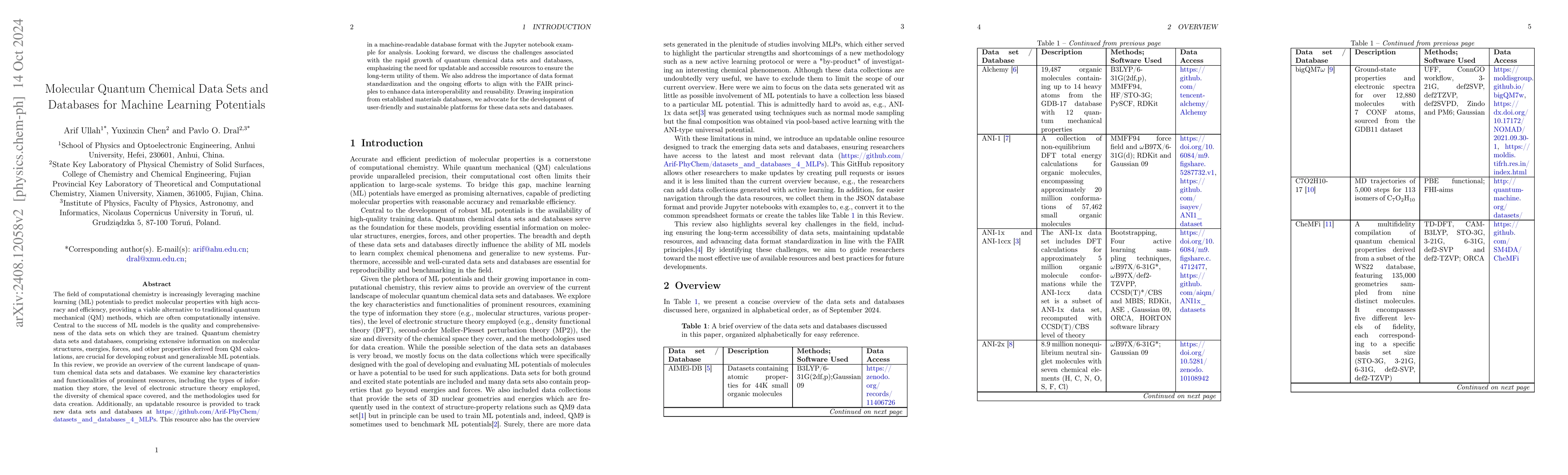 Thumbnail for Molecular Quantum Chemical Data Sets and Databases for Machine Learning
  Potentials