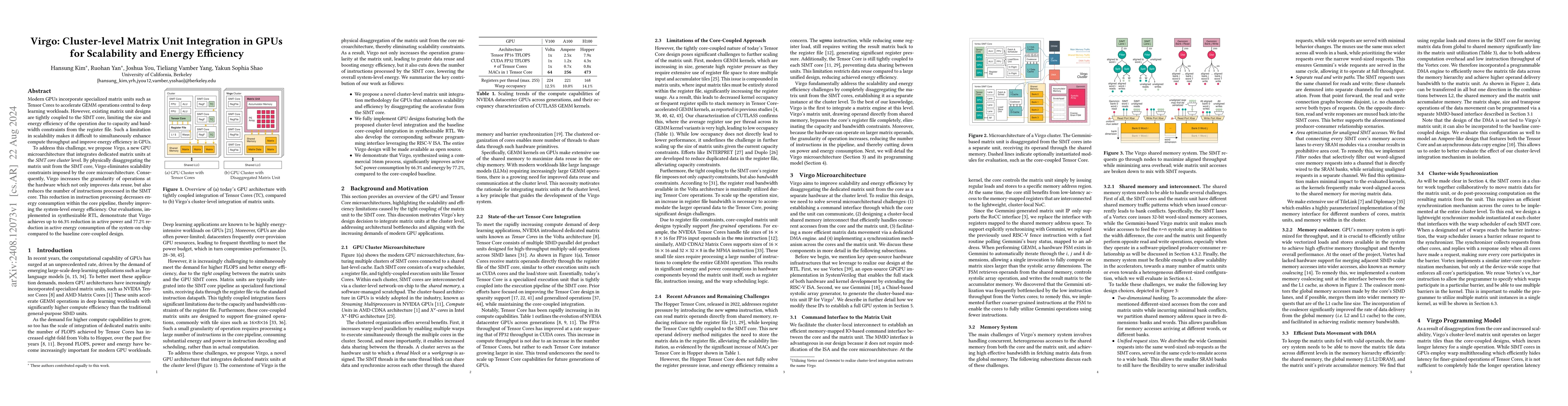 Thumbnail for Virgo: Cluster-level Matrix Unit Integration in GPUs for Scalability and
  Energy Efficiency