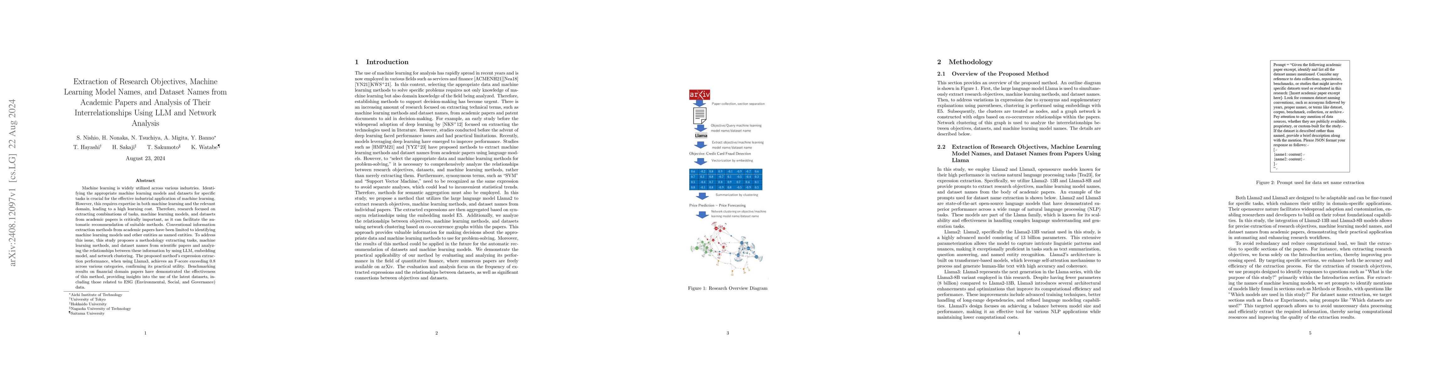 Thumbnail for Extraction of Research Objectives, Machine Learning Model Names, and
  Dataset Names from Academic Papers and Analysis of Their Interrelationships
  Using LLM and Network Analysis