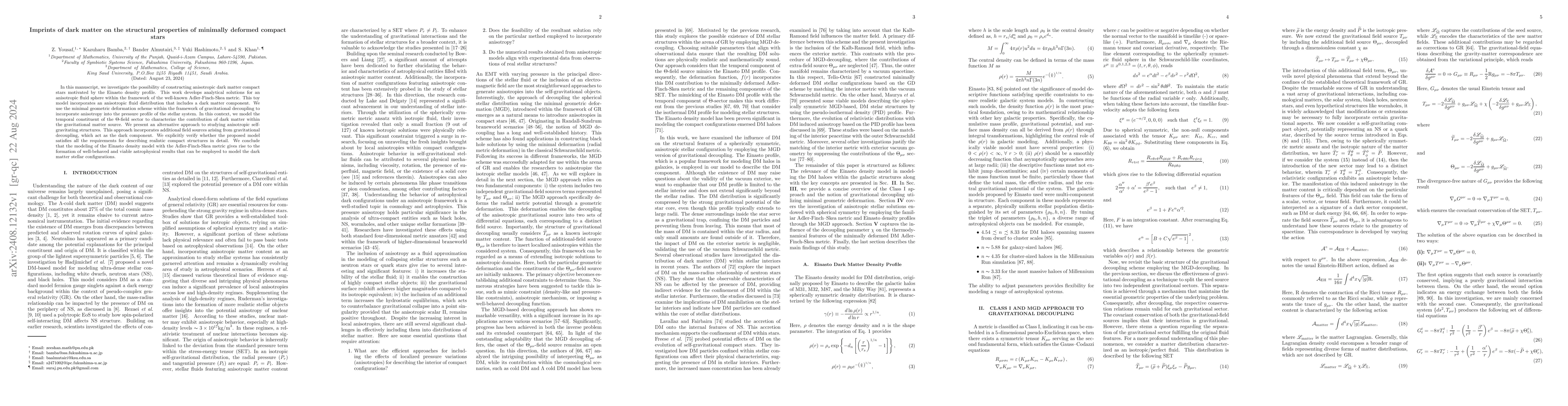 Thumbnail for Imprints of dark matter on the structural properties of minimally
  deformed compact stars