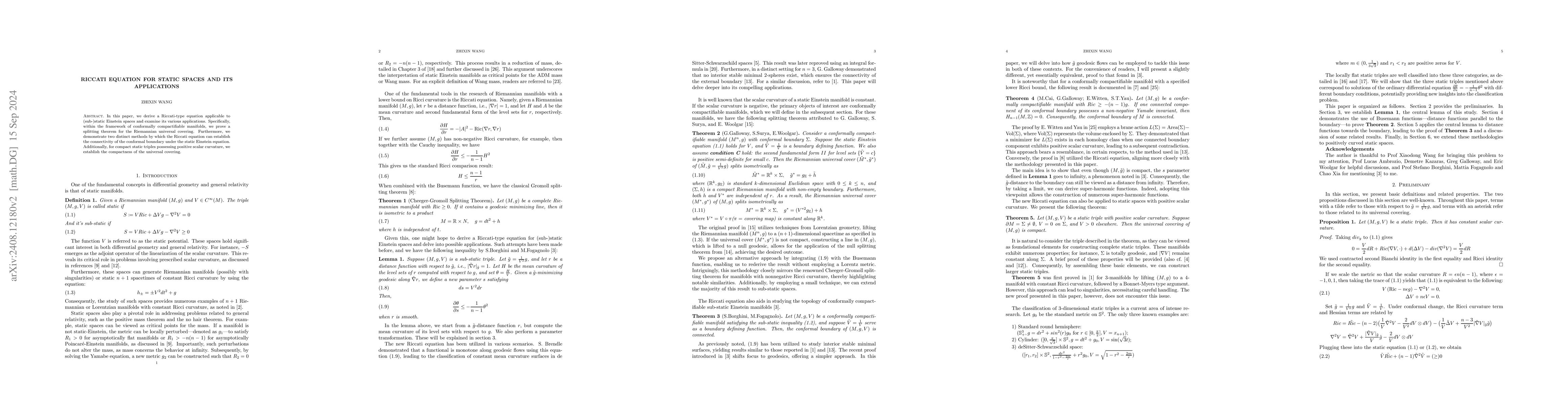 Thumbnail for Riccati Equation for Static Spaces and its Applications