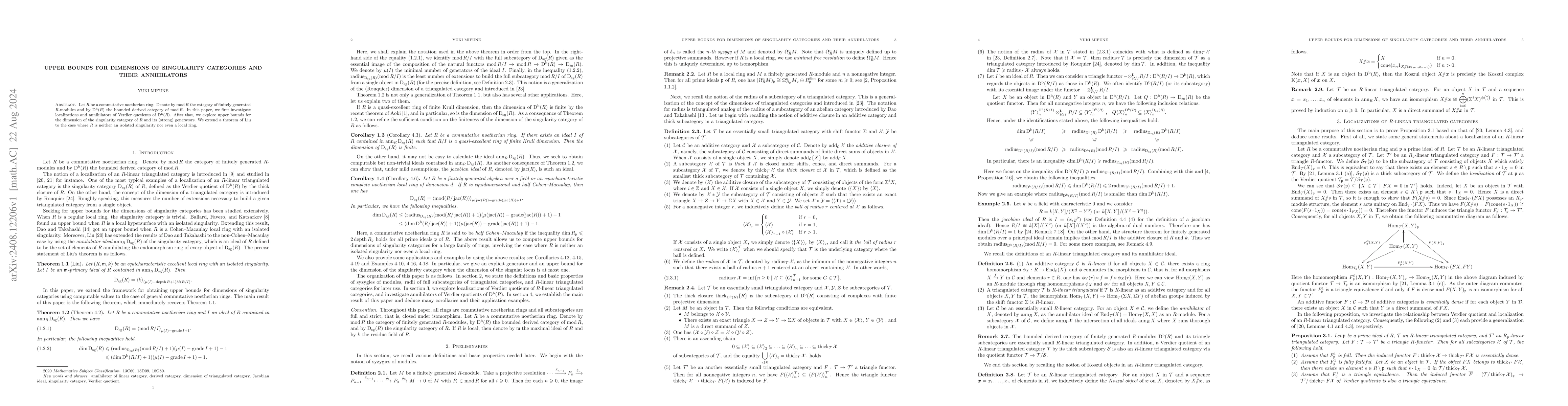 Thumbnail for Upper bounds for dimensions of singularity categories and their
  annihilators