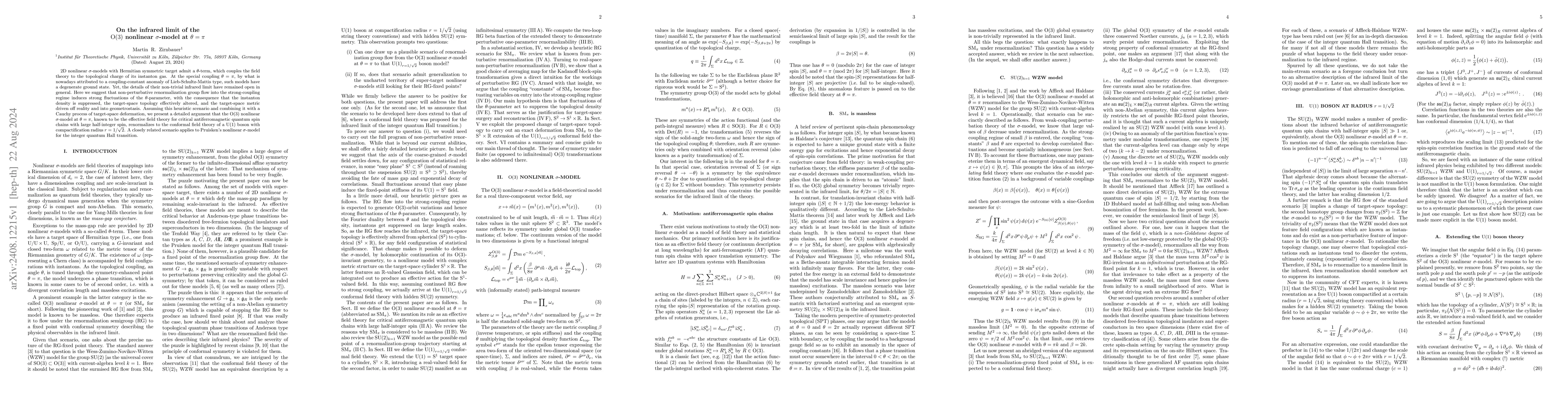 Thumbnail for On the infrared limit of the O(3) nonlinear $σ$-model at $θ=
  π$